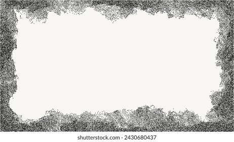 Black dotted textured horizontal frame, noisy gritty dot halftone effect, vector illustration. Fashionable banner in grunge style. Paint stains and jagged edges.