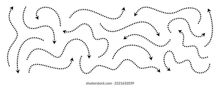 Setas finas pontilhadas pretas definidas. Coleção de setas onduladas e curvas tracejadas. Fazer doodle de ponteiros esboçados e linhas de direção. Os pontos rabiscam o conjunto de elementos de design da faixa para folheto, cartaz, brochura. Vetor