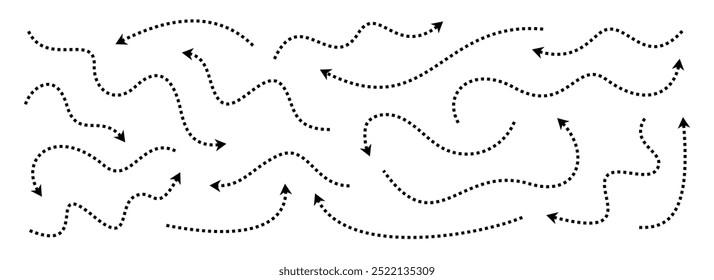 Setas finas pontilhadas pretas definidas. Coleção de setas onduladas e curvas tracejadas. Ponteiros e linhas de direção esboçados onduladamente. Os pontos rabiscam o conjunto de elementos de design da faixa para folheto, cartaz, brochura. Vetor