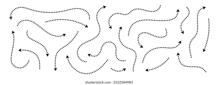 Setas finas pontilhadas pretas definidas. Coleção de setas onduladas e curvas tracejadas. Ponteiros e linhas de direção de forma ondulada. Os pontos rabiscam o conjunto de elementos de design da faixa para folheto, cartaz, brochura. Vetor