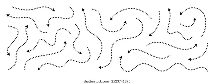 Setas finas pontilhadas pretas definidas. Coleção de ponteiros ondulados e tracejados curvos. Linhas de direção de esboço ondulado. Os pontos rabiscam o conjunto de elementos de design da faixa para folheto, cartaz, brochura. Vetor