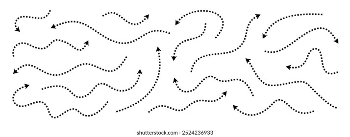 Setas finas pontilhadas pretas definidas. Coleção de ponteiros ondulados e tracejados curvos. Linhas de direção de esboço ondulado. Os pontos rabiscam o conjunto de elementos de design da faixa para folheto, cartaz, brochura. Vetor