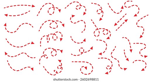 Black dotted thin arrows set. Wavy and curved dashed pointers collection. Wiggly sketchy direction lines. Dots squiggle loop stripe design elements bundle for flyer, poster, brochure. Vector