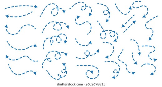 Black dotted thin arrows set. Wavy and curved dashed pointers collection. Wiggly sketchy direction lines. Dots squiggle loop stripe design elements bundle for flyer, poster, brochure. Vector