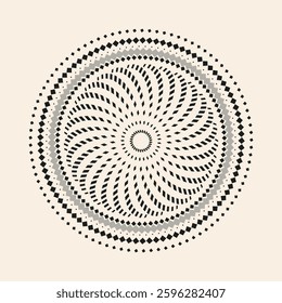 Black dotted twirl rosette object on beige background. Design element for logo, web pages, prints, posters, template.