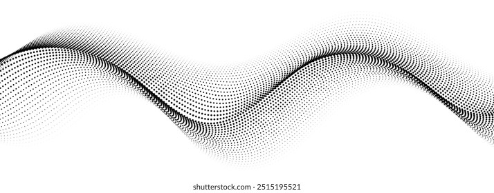 Black dotted wave line pattern. Halftone undulate net background. Abstract stipple particle flow wallpaper. Curved dashed gradient element for poser, banner, presentation, booklet, flyer. Vector