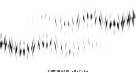 Padrão de linha de onda pontilhada preta. Fundo de rede ondulado de meio-tom. Papel de parede de fluxo de partículas pontilhado abstrato. Elemento de gradiente tracejado curvo para placa, faixa, apresentação, livreto, panfleto. Vetor