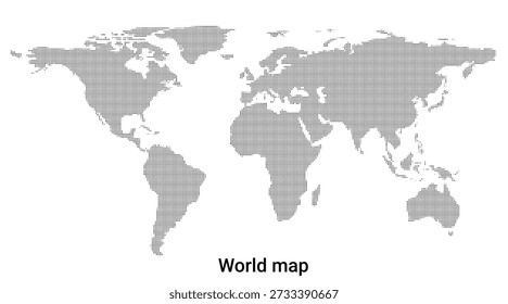 Um mapa-múndi preto pontilhado sobre um fundo branco puro, apresentando um design de padrão de pontos único, com todos os continentes e países claramente visíveis.