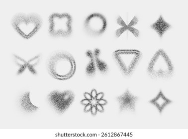 Black dotted y2k shape icons collection - heart, square and circle, flower and star, butterfly and geometric symbols with stipple noise effect. Grungy design elements made of scattered points.
