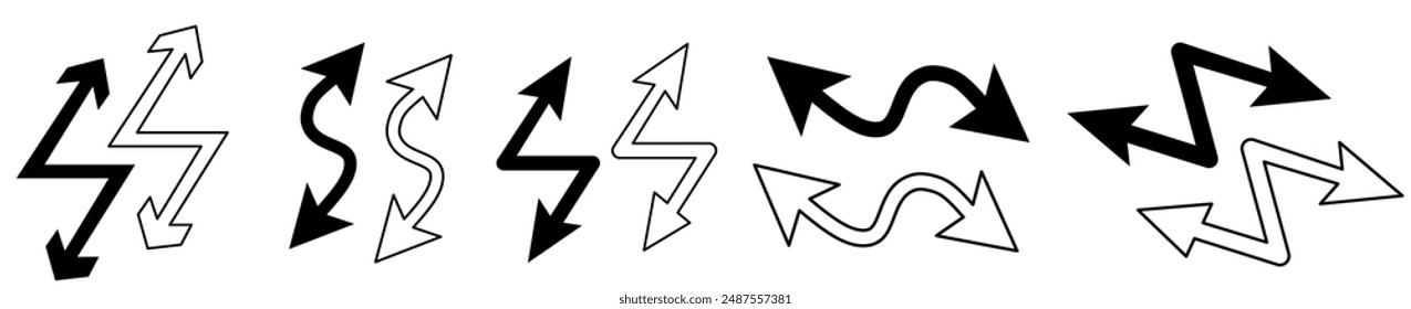 Black double arrow with loop in different directions. Alternate Route line and filled Symbols. Contour image on white. Line circular design for any purposes.
