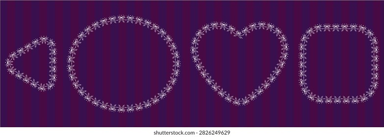 Black double bow lace garland border repeats stacked ribbon pairs joined by scalloped swags plus dotted cord. as coquette horizontal trim isolated on white background for invitation stationery labels.