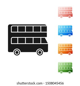 Black Double decker bus icon isolated on white background. London classic passenger bus. Public transportation symbol. Set icons colorful. Vector Illustration