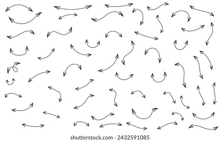 Black double end arrow vector icon. Hand drawn various curved double sided line arrows. Set of vector icons of coal arrows with two ends. Outline direction signs. vector illustration
