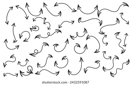 Black double end arrow vector icon. Hand drawn various curved double sided line arrows. Set of vector icons of coal arrows with two ends. Outline direction signs. vector illustration
