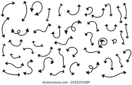 Black double end arrow vector icon. Hand drawn various curved double sided line arrows. Set of vector icons of coal arrows with two ends. Outline direction signs. vector illustration
