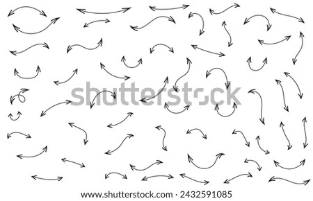 Black double end arrow vector icon. Hand drawn various curved double sided line arrows. Set of vector icons of coal arrows with two ends. Outline direction signs. vector illustration

