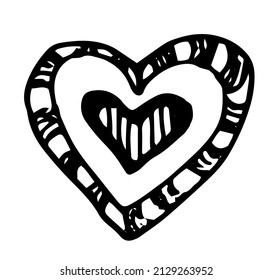 a black double heart with a pattern of stripes. hand-drawn doodle-style double frame hearts with a pattern of vertical and curved contours in black on white for the design template of invitations