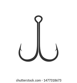 Black double hook isolated on white background. Fishing icon, logo, template. Vector Illustration.