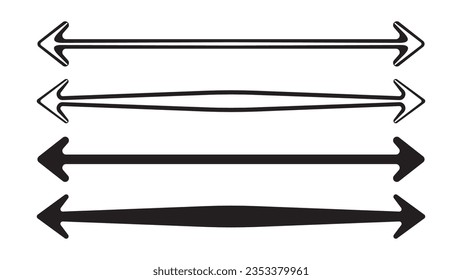 Black double long straight arrow line horizontal element. Bold and thick basic pointer to forward location. Simple flat moving pinpoint for proceed direction in sideways. Position graphic icon