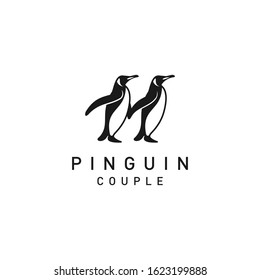 Black Double Pinguin Walking Beautiful Bird Antartica Animal Vector Design Logo Silhoutte