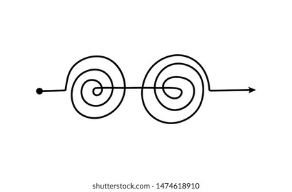 Black double spiral arrow line with complicated tangle pattern, freehand doodle path isolated on white background. Problem solution or thought process concept element - vector illustration