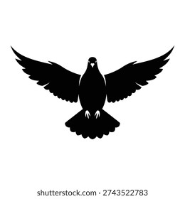 A black dove in flight with spread wings against a white background