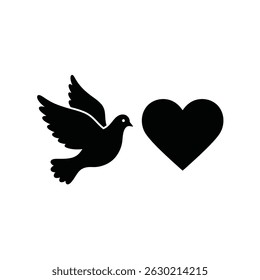 Black dove flying towards a heart symbolizing love and peace on white background