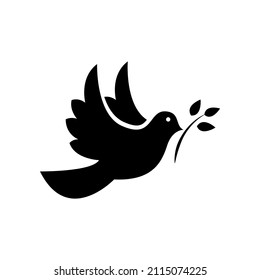 Black dove icon. Peace symbol. Flying pigeon with branch icon. Vector graphic EPS 10