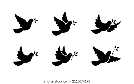 Black dove icon set. Peace symbol collection. Flying pigeon with branch icon set. Vector graphic EPS 10