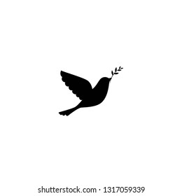 Black dove with olive sprig  Icon isolated on white.  Peace vector symbol. International  Peace day sign. Black and white