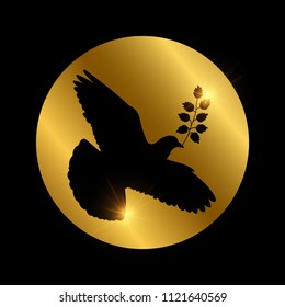 Black dove of piece vector silhouette on golden round illustration