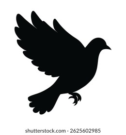a black dove silhouette flying, symbol of peace and freedom, graphic element isolated on white background