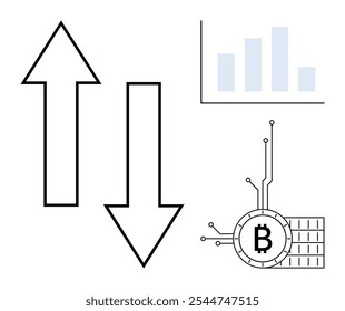 Black up and down arrows, a bar graph in light blue, and a Bitcoin symbol with circuit elements. Ideal for financial market analysis, cryptocurrency trends, investment forecasting, blockchain