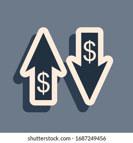 Black Up and Down arrows with dollar symbol icon isolated on grey background. Business concept. Long shadow style. Vector Illustration