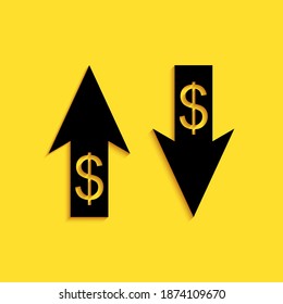 Black Up and Down arrows with dollar symbol icon isolated on yellow background. Business concept. Long shadow style. Vector.