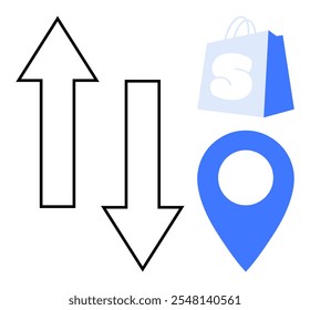 Black up and down arrows are next to a blue shopping bag and a blue location pin. Ideal for ecommerce logistics, navigation, delivery, shipping, retail. Simple, modern, clean style