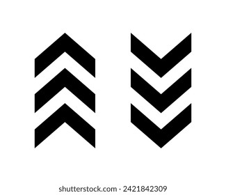 Black up and down chevron arrows. Ornament with repeated V shaped stripes. Road caution, military, navigation signs isolated on white background. Vector flat illustration.