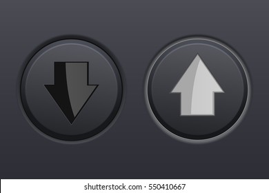 Black Up and Down round buttons. Web arrows. Vector 3d illustration.