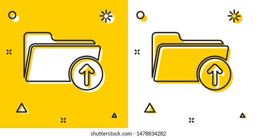 Black Download arrow with folder icon isolated on yellow and white background. Random dynamic shapes. Vector Illustration