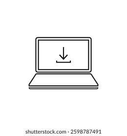 black download arrow in thin line laptop. linear flat style trend modern simple logotype graphic design element isolated on white background. concept of software updating or loading and torrent upload