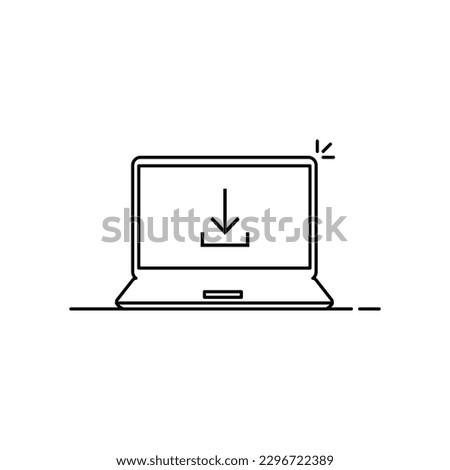 black download arrow in thin line laptop. linear flat style trend modern simple logotype graphic design element isolated on white background. concept of software updating or loading and torrent upload
