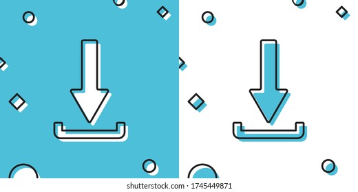 Black Download icon isolated on blue and white background. Upload button. Load symbol. Arrow point to down. Random dynamic shapes. Vector Illustration