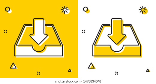 Black Download inbox icon isolated on yellow and white background. Random dynamic shapes. Vector Illustration