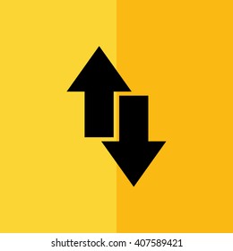 Black download upload vector icon. Yellow background