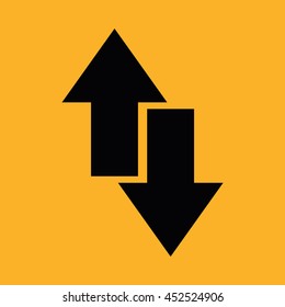 Black download upload vector icon. Yellow background