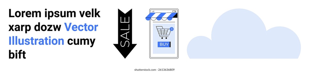 Black downward arrow with SALE, smartphone with shopping cart and blue-striped store awning, adjacent to large blue cloud. Ideal for e-commerce, marketing, retail promotions, online shopping, sales