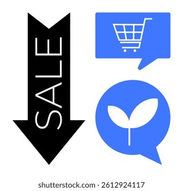 Black downward arrow with Sale text, blue speech bubble with shopping cart icon, blue speech bubble with plant icon. Ideal for e-commerce, sales promotion, environmental retail, online shopping