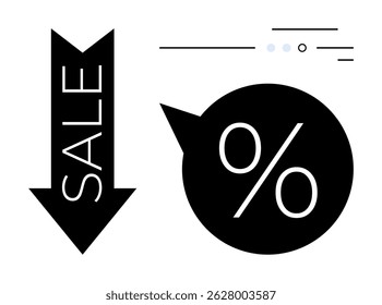Black downward arrow with Sale text beside it, a speech bubble containing a percentage symbol. Ideal for retail, discounts, promotions, advertising, online stores, marketing, and special offers. Line