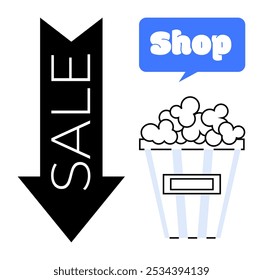 Black downward arrow with the word SALE, blue speech bubble with the word Shop, and a bucket of popcorn. Ideal for retail, shopping, promotions, discounts, and advertising. Modern, simple, clean