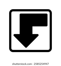 Black Downward Right Arrow Icon in Square Outline on White Background